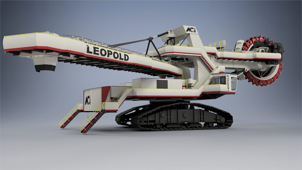 bucket wheel excavator for excavating material and reclaiming, digs and moves earth in surface mining operations.